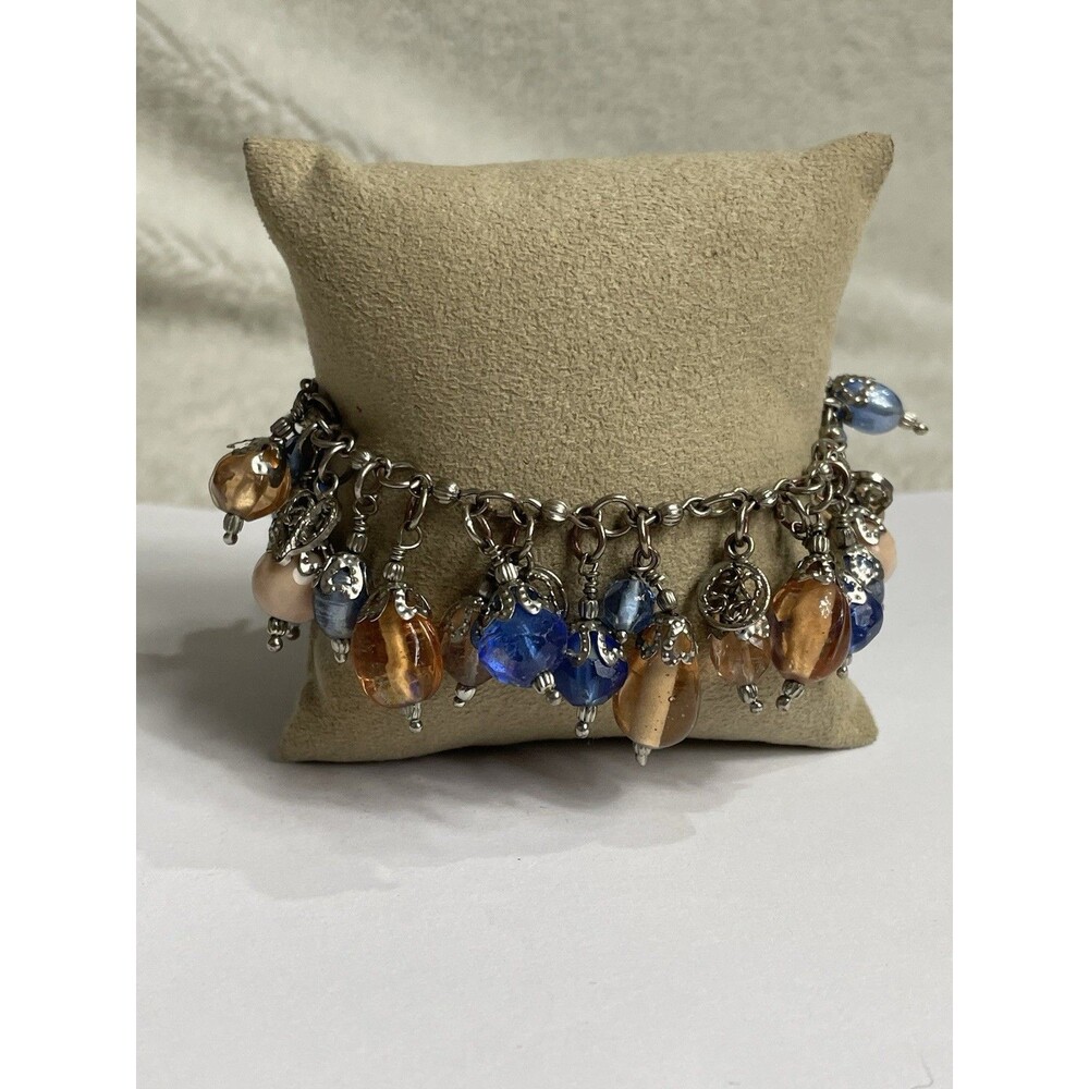 Amazing Vintage Art Glass Bead Bracelet 7.5” Silver Tone Blue Gold
